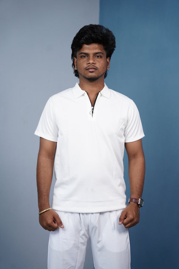 Mario Rib Korean Zipper T-Shirt for Men | Half Sleeve Polo Zip Neck - White