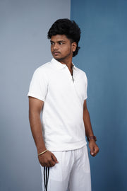 Mario Rib Korean Zipper T-Shirt for Men | Half Sleeve Polo Zip Neck - White