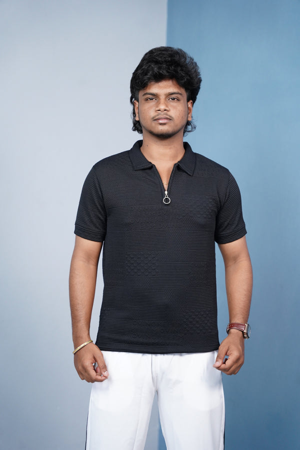 Men’s Korean Zipper Textured Polo T-Shirt | Premium Casual Wear - Black
