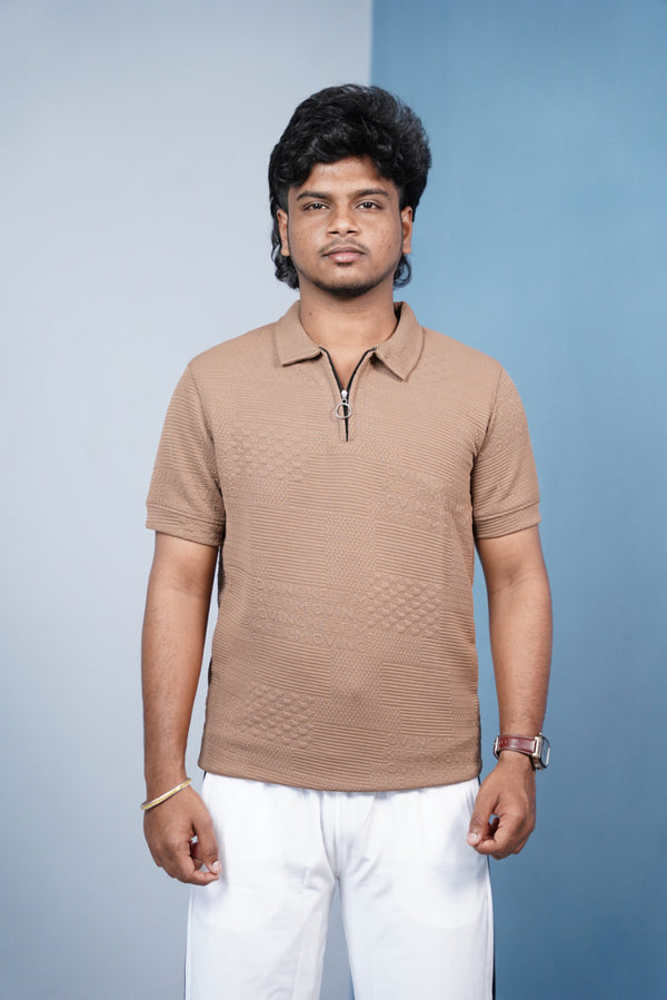 Men’s Korean Zipper Textured Polo T-Shirt | Premium Casual Wear - Brown