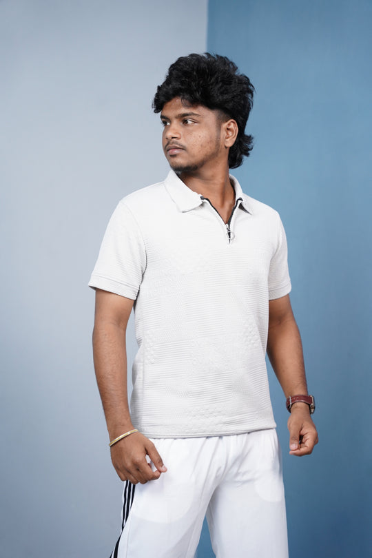 Men’s Korean Zipper Textured Polo T-Shirt | Premium Casual Wear - Ash – alternate view – 7MAN India