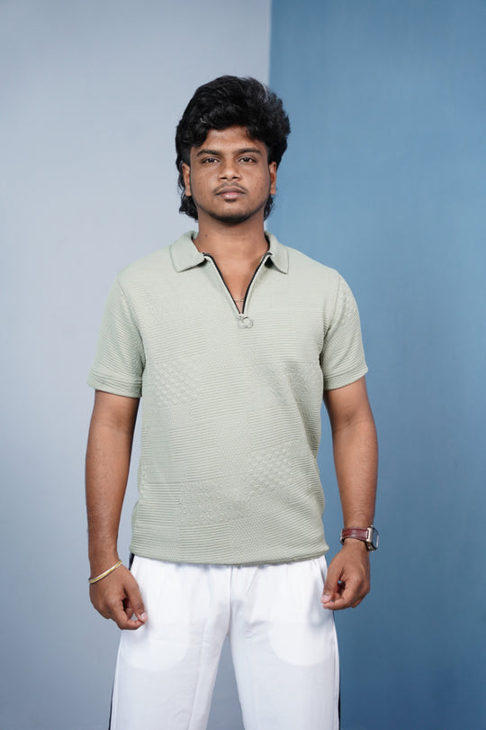 Men’s Korean Zipper Textured Polo T-Shirt | Premium Casual Wear - Pistha Green – 7MAN Men's Fashion India