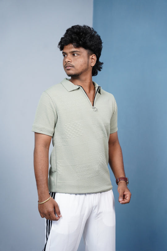 Men’s Korean Zipper Textured Polo T-Shirt | Premium Casual Wear - Pistha Green – alternate view – 7MAN India