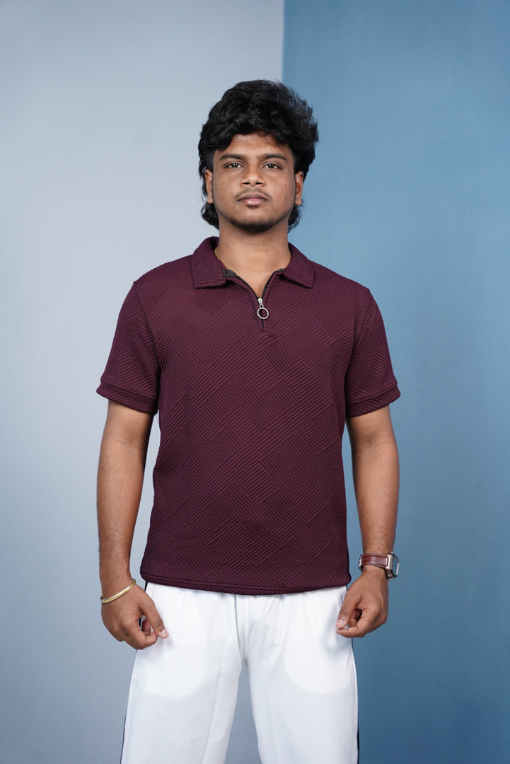 Korean Zipper Rib Polo T-Shirt for Men | Trendy Textured Tee/ ZIGZAC - - Maroon