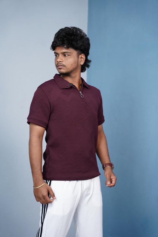 Korean Zipper Rib Polo T-Shirt for Men | Trendy Textured Tee/ ZIGZAC - - Maroon – alternate view – 7MAN India
