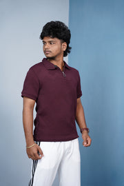 Korean Zipper Rib Polo T-Shirt for Men | Trendy Textured Tee/ ZIGZAC - - Maroon