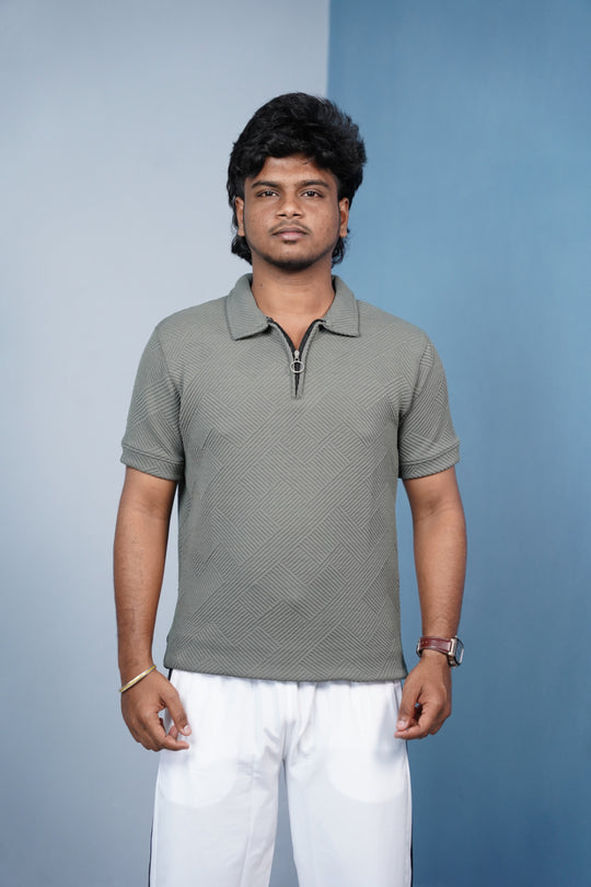 Korean Zipper Rib Polo T-Shirt for Men | Trendy Textured Tee/ ZIGZAC - -Light Mehandi Green – 7MAN Men's Fashion India