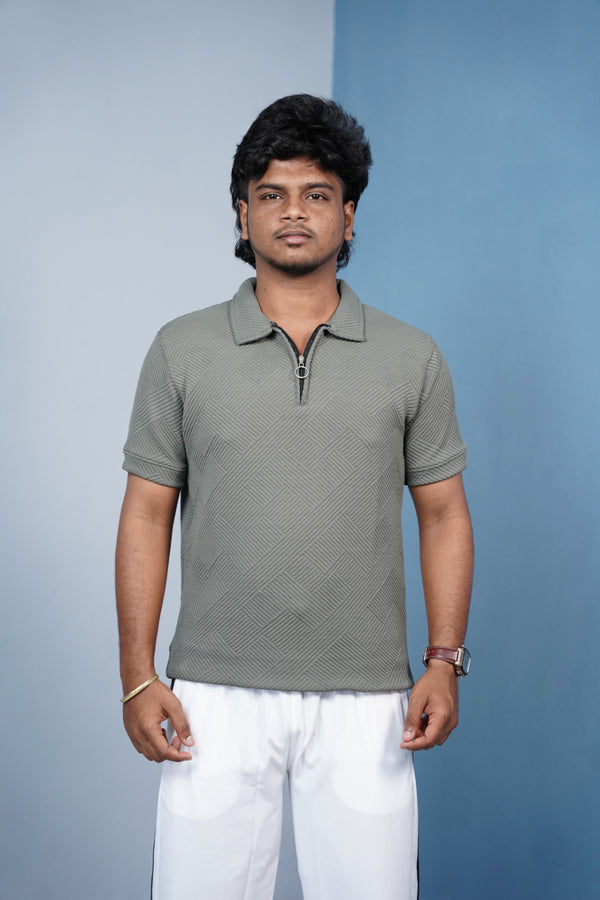 Korean Zipper Rib Polo T-Shirt for Men | Trendy Textured Tee/ ZIGZAC - -Light Mehandi Green