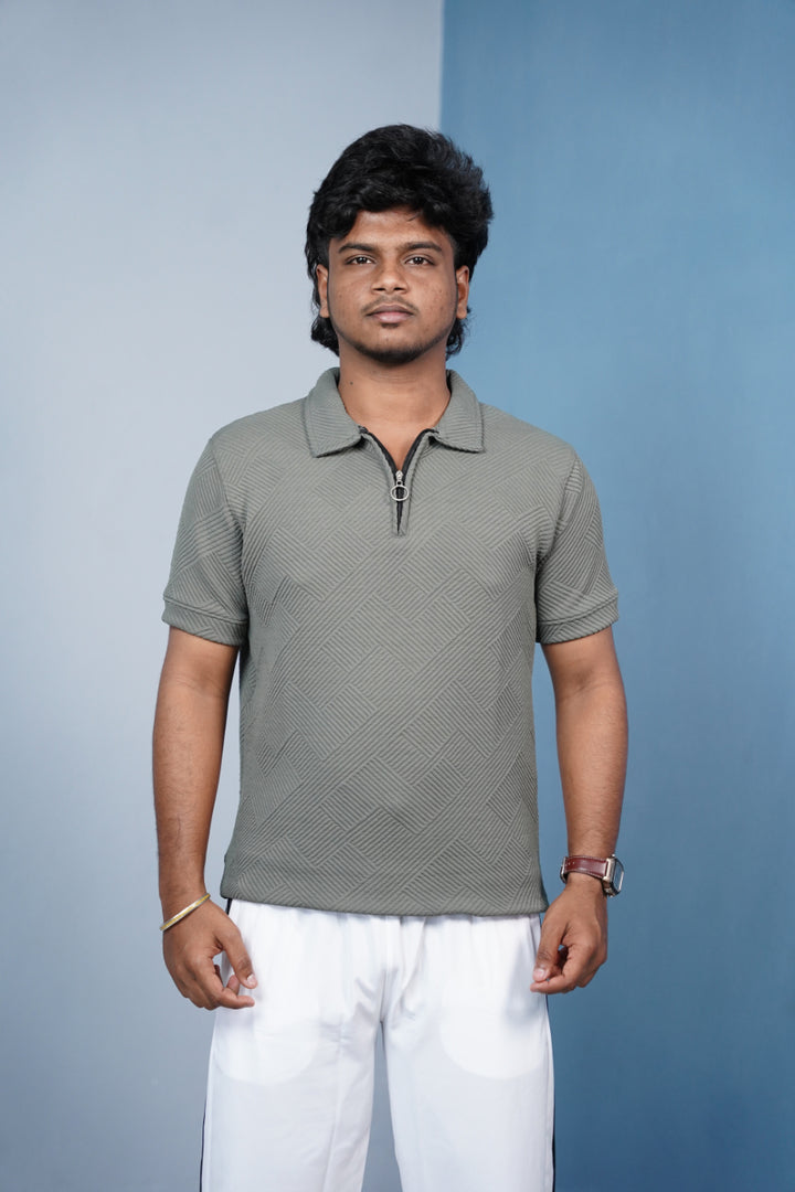 Korean Zipper Rib Polo T-Shirt for Men | Trendy Textured Tee/ ZIGZAC - -Light Mehandi Green