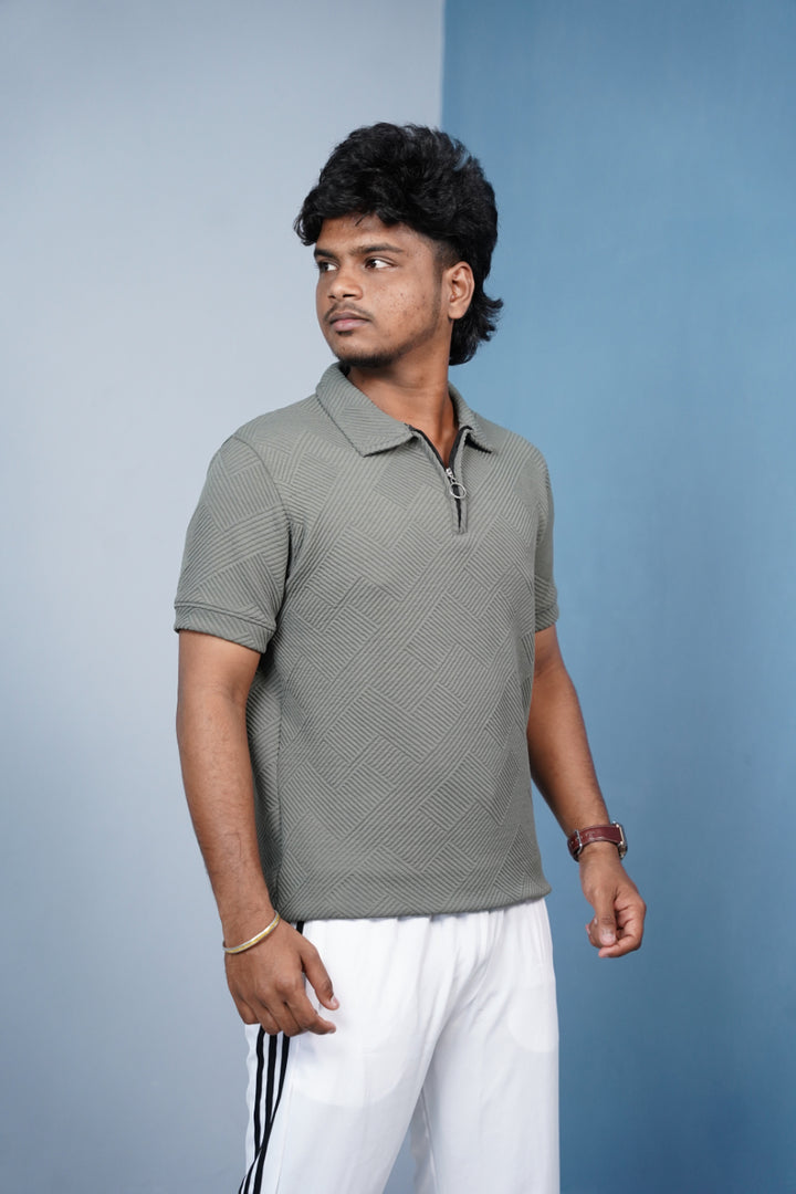 Korean Zipper Rib Polo T-Shirt for Men | Trendy Textured Tee/ ZIGZAC - -Light Mehandi Green