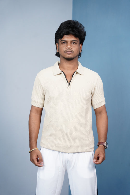 Korean Zipper Rib Polo T-Shirt for Men | Trendy Textured Tee/ ZIGZAC - -Sandal – 7MAN Men's Fashion India