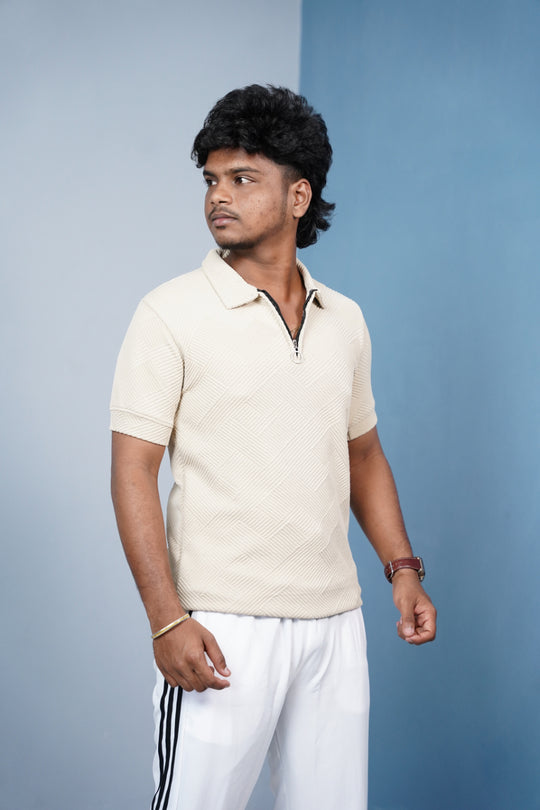 Korean Zipper Rib Polo T-Shirt for Men | Trendy Textured Tee/ ZIGZAC - -Sandal – alternate view – 7MAN India