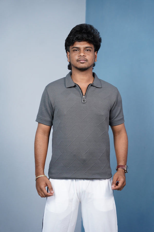 Korean Zipper Rib Polo T-Shirt for Men | Trendy Textured Tee/ ZIGZAC - -Dark Grey