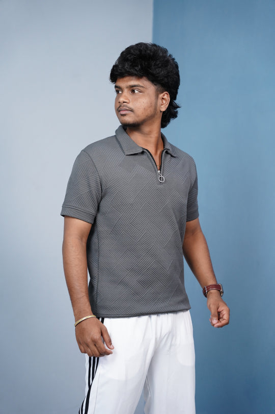 Korean Zipper Rib Polo T-Shirt for Men | Trendy Textured Tee/ ZIGZAC - -Dark Grey – alternate view – 7MAN India