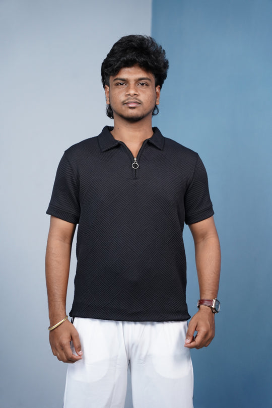 Korean Zipper Rib Polo T-Shirt for Men/ |Trendy Textured Tee/ ZIGZAC - -Black – 7MAN Men's Fashion India