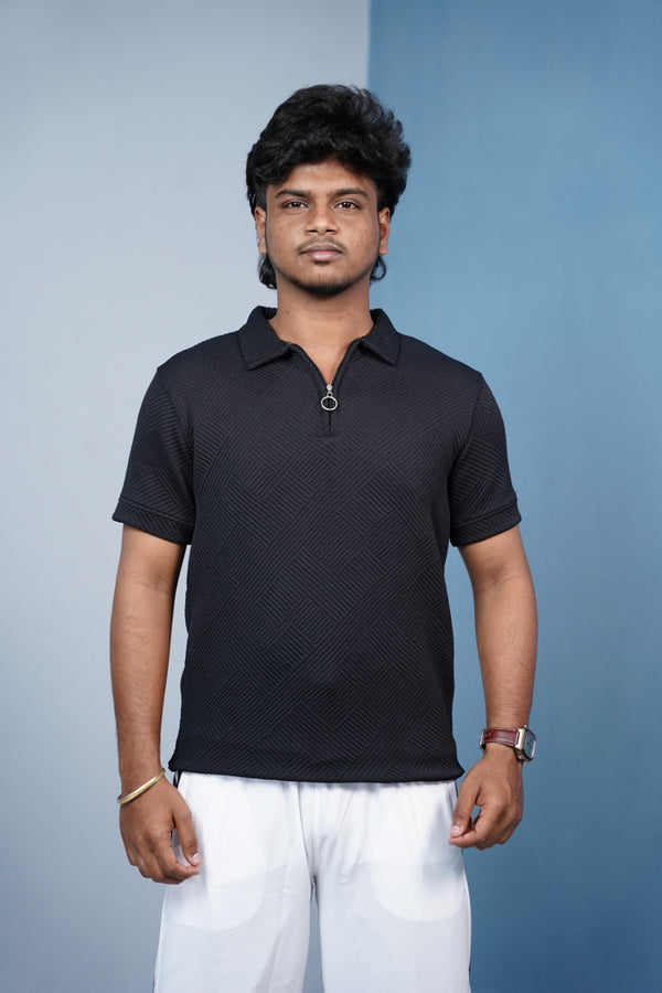Korean Zipper Rib Polo T-Shirt for Men/ |Trendy Textured Tee/ ZIGZAC - -Black