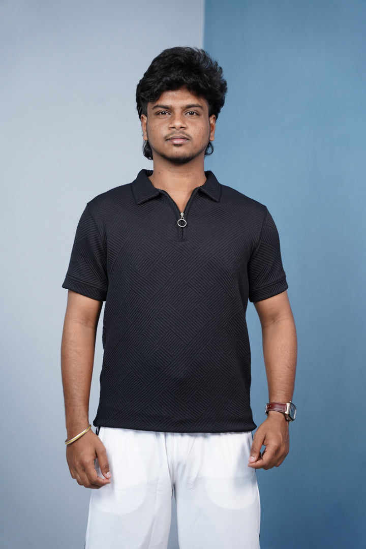 Korean Zipper Rib Polo T-Shirt for Men/ |Trendy Textured Tee/ ZIGZAC - -Black