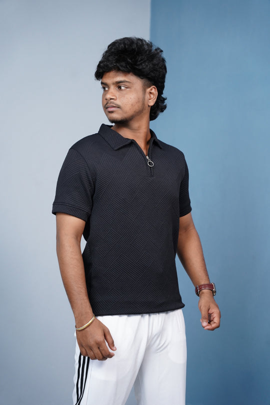 Korean Zipper Rib Polo T-Shirt for Men/ |Trendy Textured Tee/ ZIGZAC - -Black – alternate view – 7MAN India