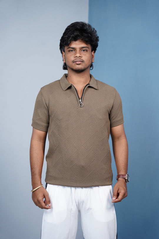 Korean Zipper Rib Polo T-Shirt for Men | Trendy Textured Tee/ ZIGZAC -Brown – 7MAN Men's Fashion India
