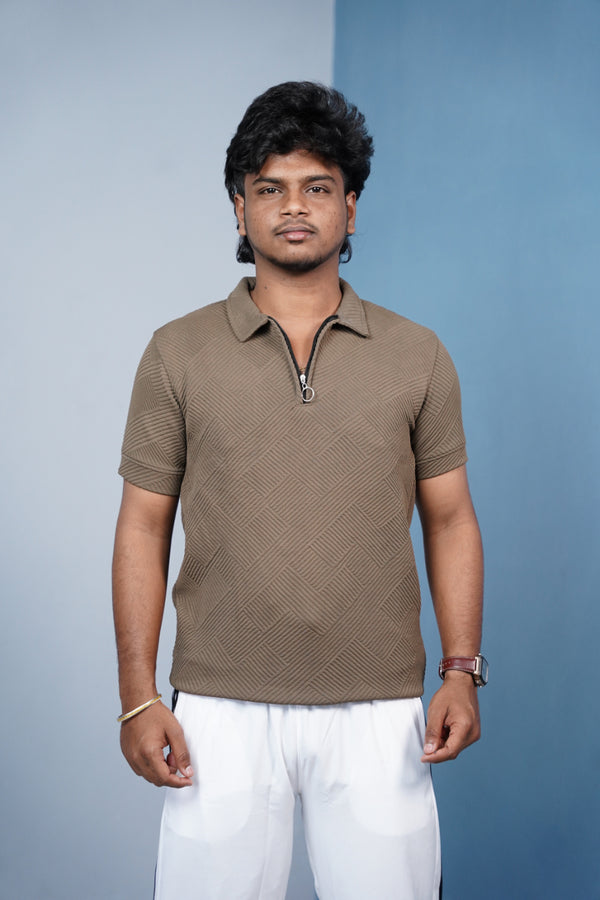 Korean Zipper Rib Polo T-Shirt for Men | Trendy Textured Tee/ ZIGZAC -Brown
