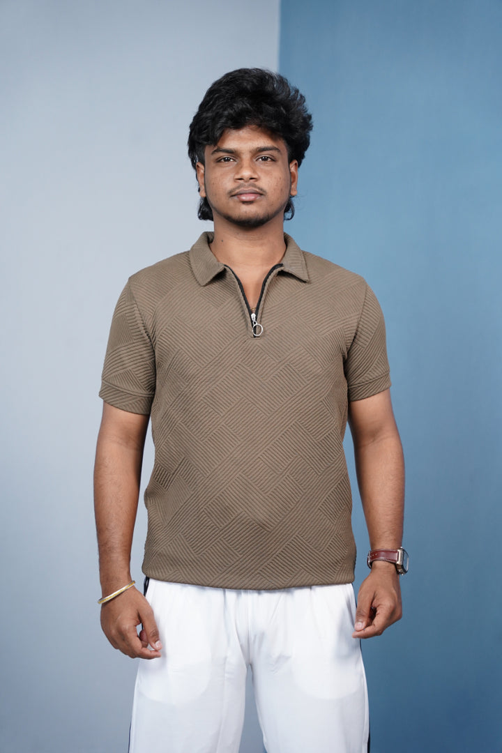 Korean Zipper Rib Polo T-Shirt for Men | Trendy Textured Tee/ ZIGZAC -Brown