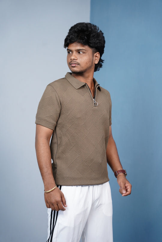 Korean Zipper Rib Polo T-Shirt for Men | Trendy Textured Tee/ ZIGZAC -Brown – alternate view – 7MAN India