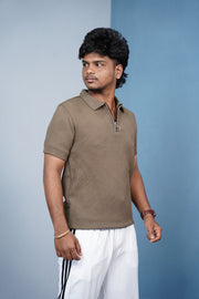 Korean Zipper Rib Polo T-Shirt for Men | Trendy Textured Tee/ ZIGZAC -Brown