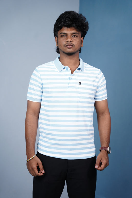 Short Sleeve Collar Neck Horizontal Striped Korean Press Button Tshirt for Men-Ice Blue – 7MAN Men's Fashion India