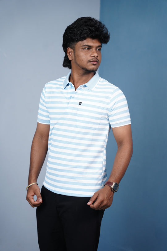 Short Sleeve Collar Neck Horizontal Striped Korean Press Button Tshirt for Men-Ice Blue – alternate view – 7MAN India
