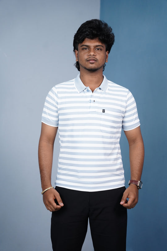 Short Sleeve Collar Neck Horizontal Striped Korean Press Button Tshirt for Men-Denim BLUE – 7MAN Men's Fashion India