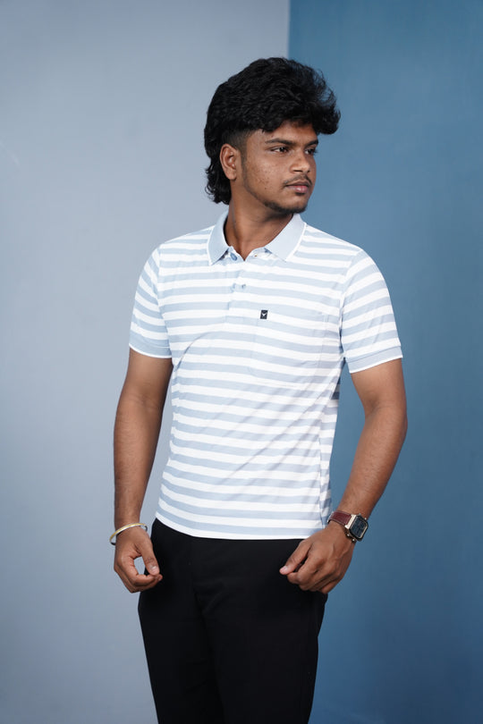 Short Sleeve Collar Neck Horizontal Striped Korean Press Button Tshirt for Men-Denim BLUE – alternate view – 7MAN India