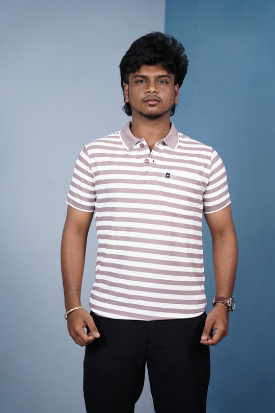 Short Sleeve Collar Neck Horizontal Striped Korean Press Button Tshirt for Men-Pink – 7MAN Men's Fashion India