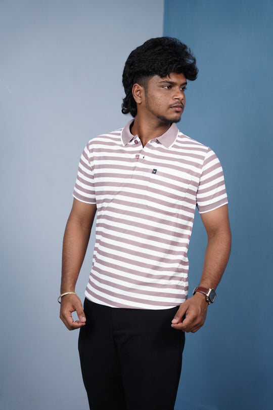 Short Sleeve Collar Neck Horizontal Striped Korean Press Button Tshirt for Men-Pink – alternate view – 7MAN India