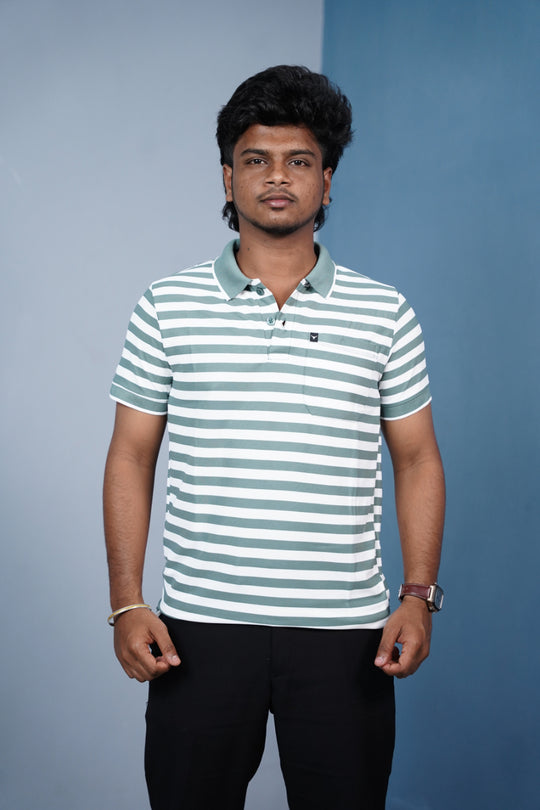 Short Sleeve Collar Neck Horizontal Striped Korean Press Button Tshirt for Men-OLIVE GREEN – 7MAN Men's Fashion India