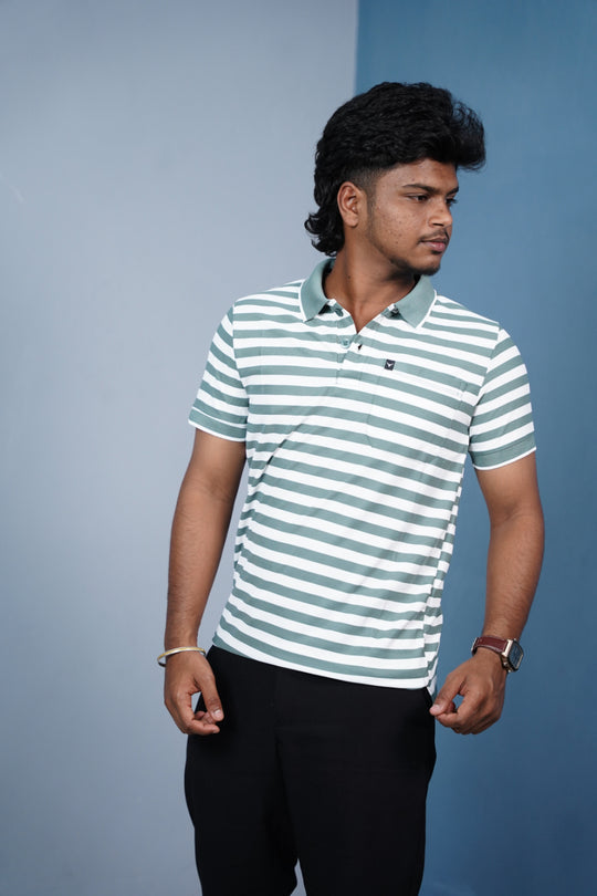 Short Sleeve Collar Neck Horizontal Striped Korean Press Button Tshirt for Men-OLIVE GREEN – alternate view – 7MAN India