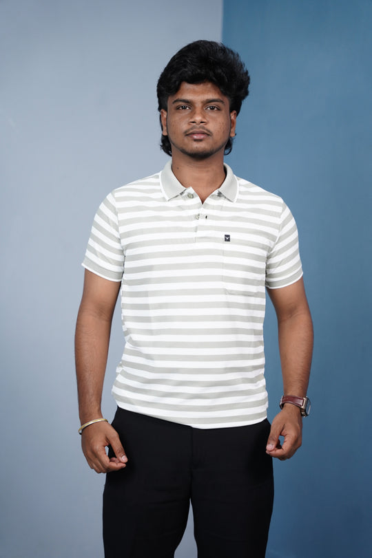Short Sleeve Collar Neck Horizontal Striped Korean Press Button Tshirt for Men- Pistha Green – 7MAN Men's Fashion India