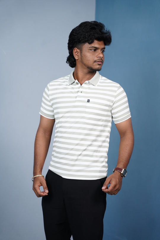 Short Sleeve Collar Neck Horizontal Striped Korean Press Button Tshirt for Men- Pistha Green – alternate view – 7MAN India