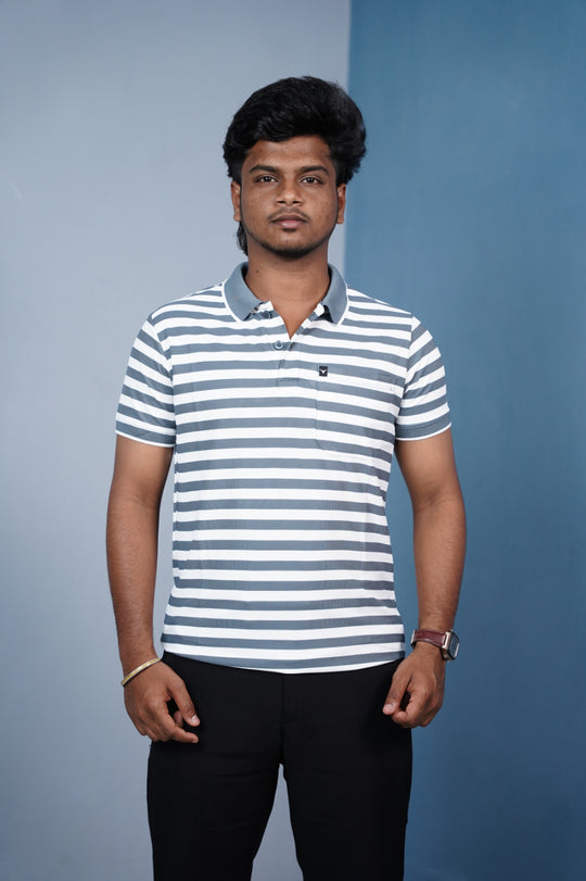 Short Sleeve Collar Neck Horizontal Striped Korean Press Button Tshirt for Men-  DARK GREY – 7MAN Men's Fashion India