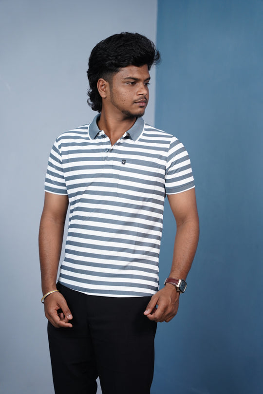 Short Sleeve Collar Neck Horizontal Striped Korean Press Button Tshirt for Men-  DARK GREY – alternate view – 7MAN India