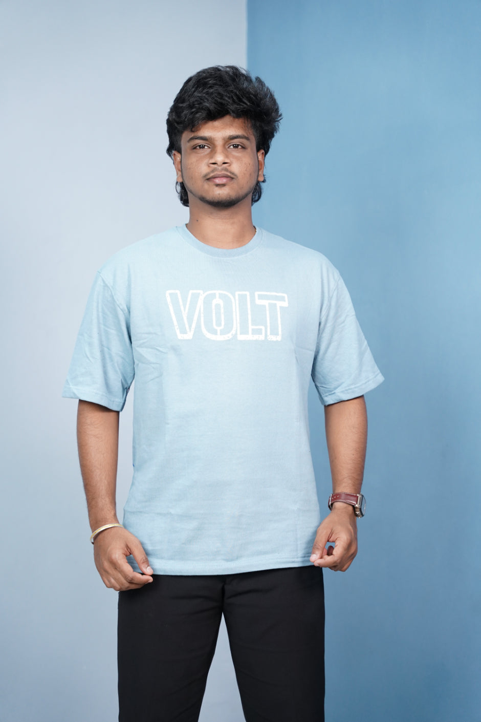 Volt Dept Lightning Back Print Five Sleeve Oversized T-Shirt – Streetwear Trend-Light Blue