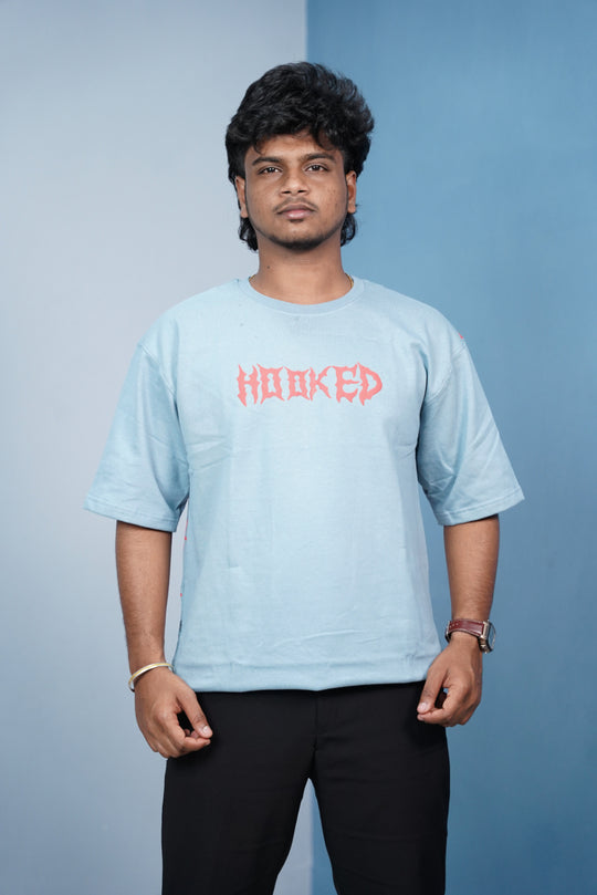 HOOKED Back Print Oversized Five Sleeve T-Shirt for Men | Streetwear Style-Ice Blue – alternate view – 7MAN India
