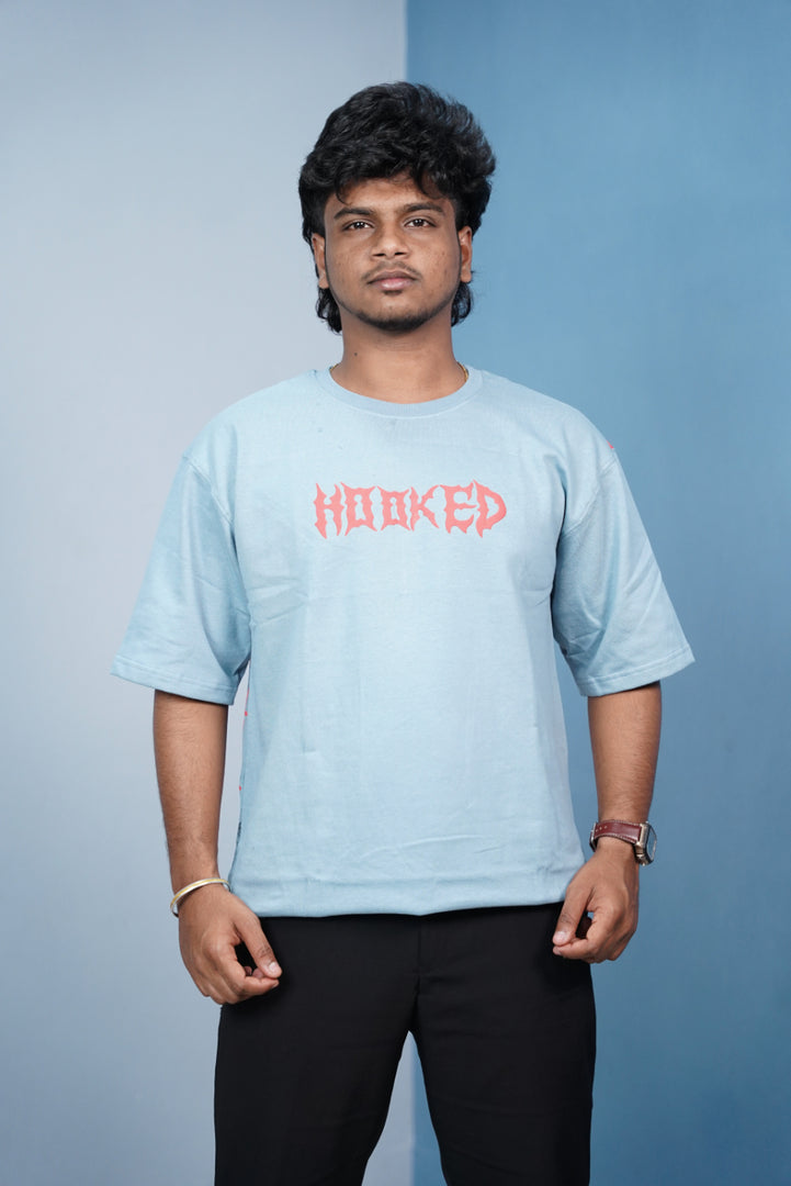HOOKED Back Print Oversized Five Sleeve T-Shirt for Men | Streetwear Style-Ice Blue