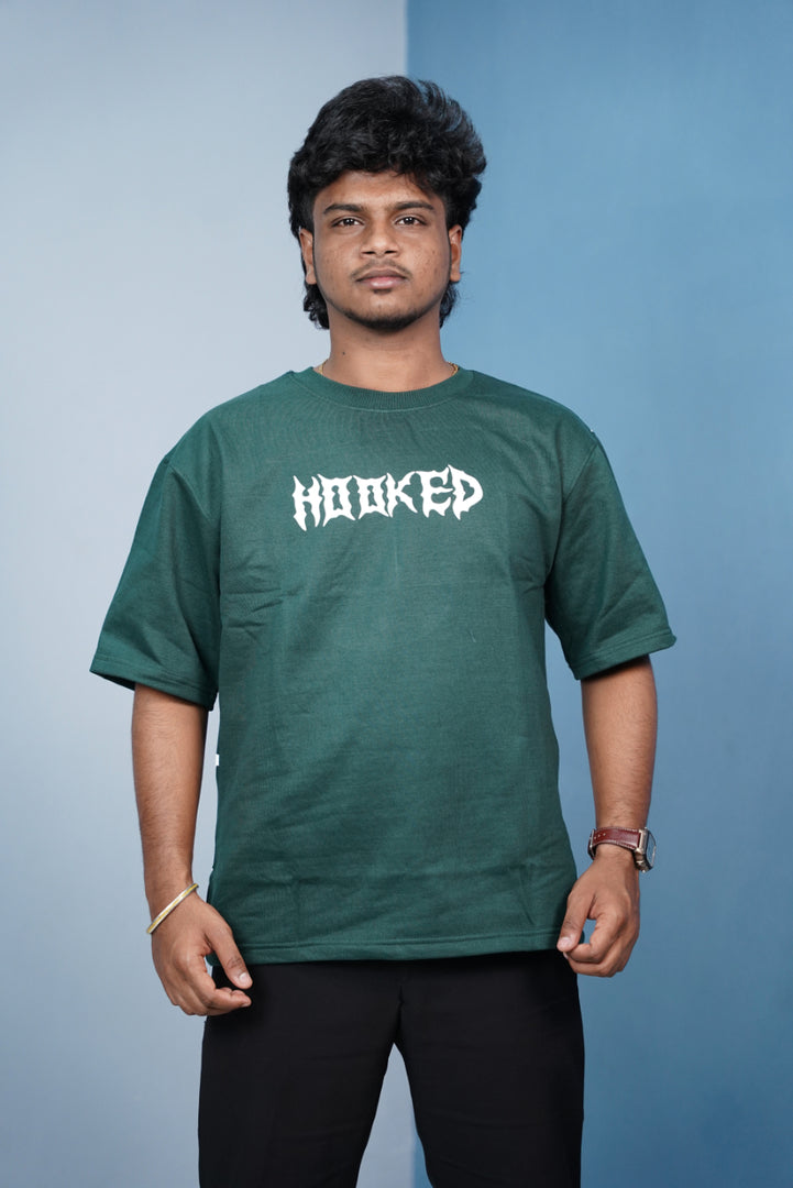 HOOKED Back Print Oversized Five Sleeve T-Shirt for Men | Streetwear Style- Bottle Green