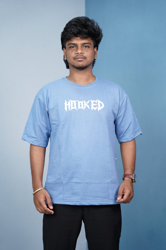 HOOKED Back Print Oversized Five Sleeve T-Shirt for Men | Streetwear Style- Denim Blue
