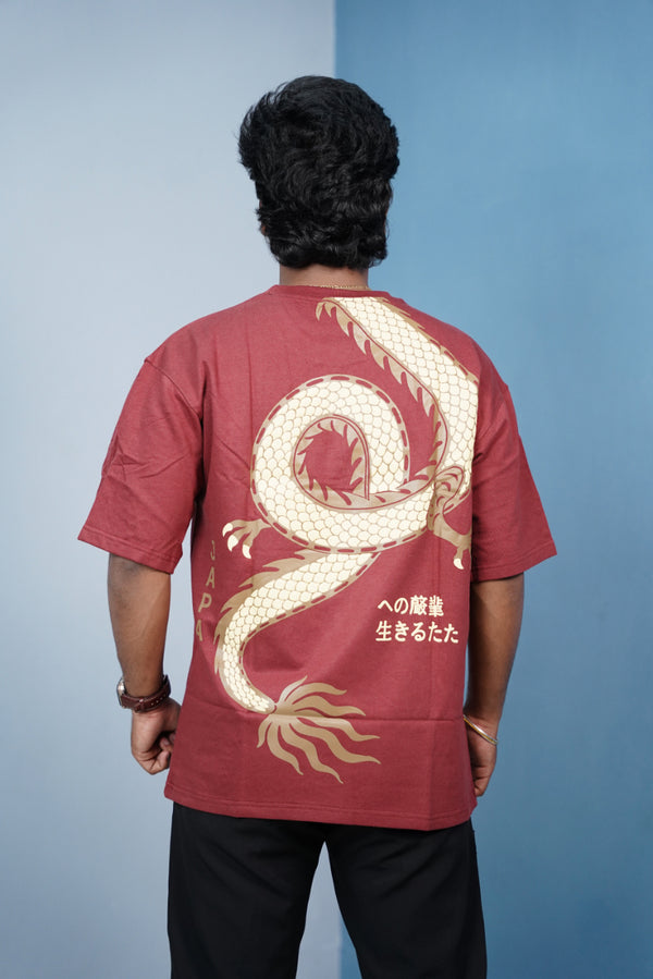 CHINESE Print Oversized Five Sleeve T-Shirt for Men | Streetwear Style-Red