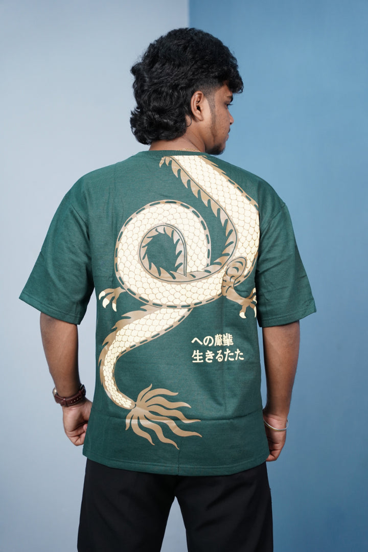 CHINESE Print Oversized Five Sleeve T-Shirt for Men | Streetwear Style-Green