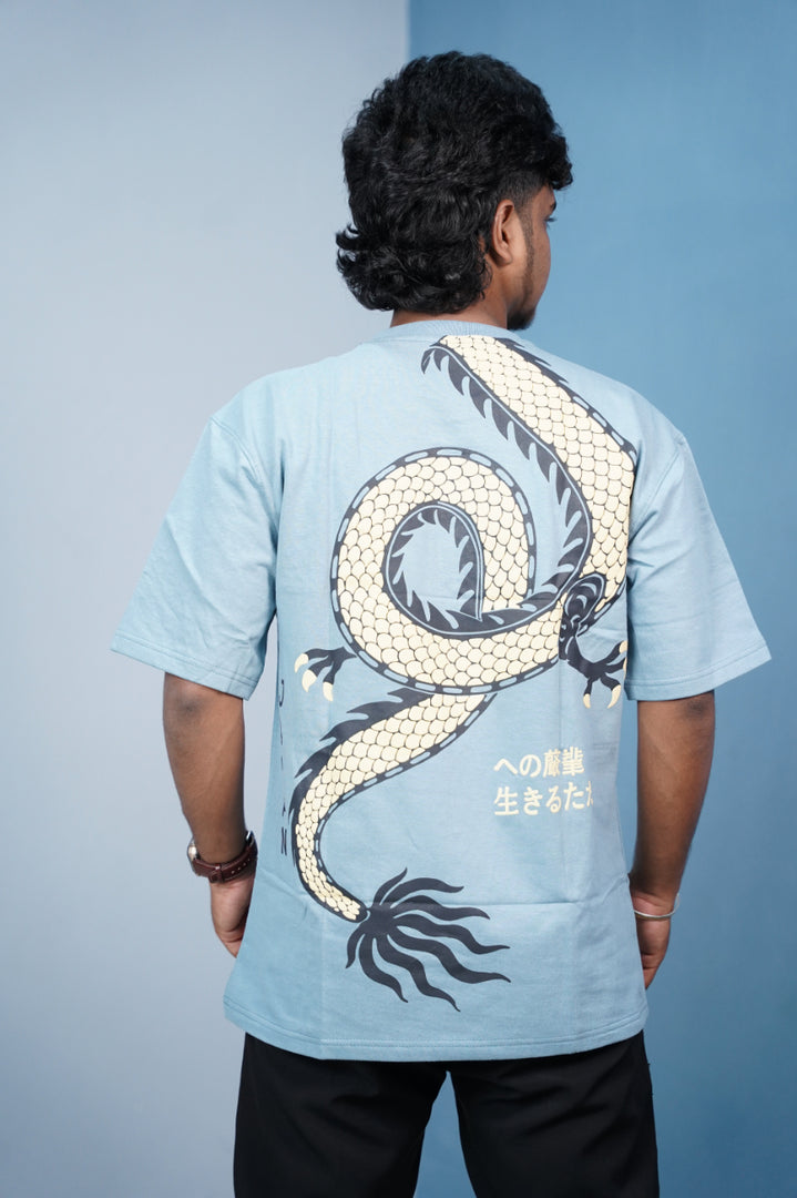 CHINESE Print Oversized Five Sleeve T-Shirt for Men | Streetwear Style-Light Blue