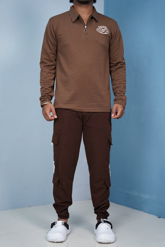 Regular Fit Mens New Tape Cargo Track Pant - Chocolate Brown – alternate view – 7MAN India