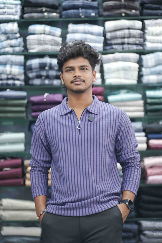 Vertical Stripe Full Sleeve Zipper Mens T-Shirt | Korean Style Casual Wear - purple-7 Man