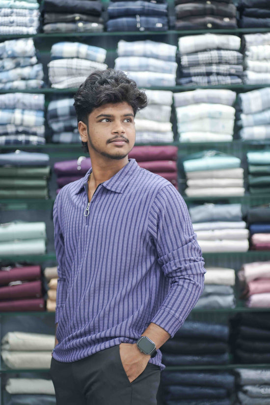 Vertical Stripe Full Sleeve Zipper Mens T-Shirt | Korean Style Casual Wear - purple-7 Man